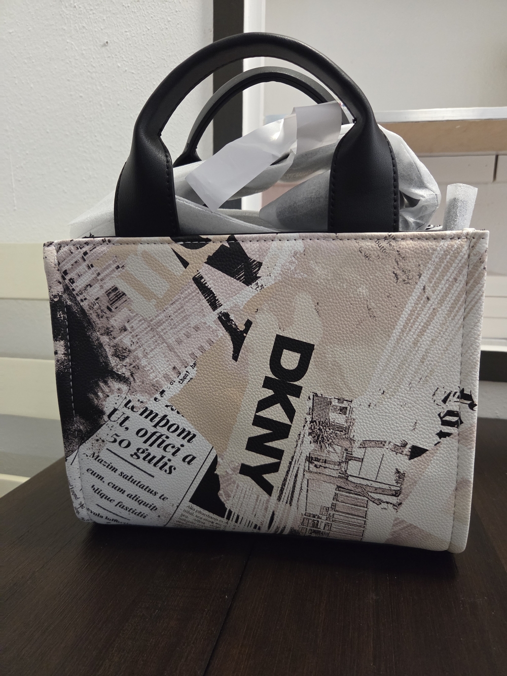 DKNY Black and Cream Graphic Print Satchel
